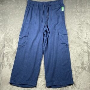 Gap Pants Womens Sz XL Blue Indigo Drawstring Linen Wide Leg Baggy Cargo Pull On